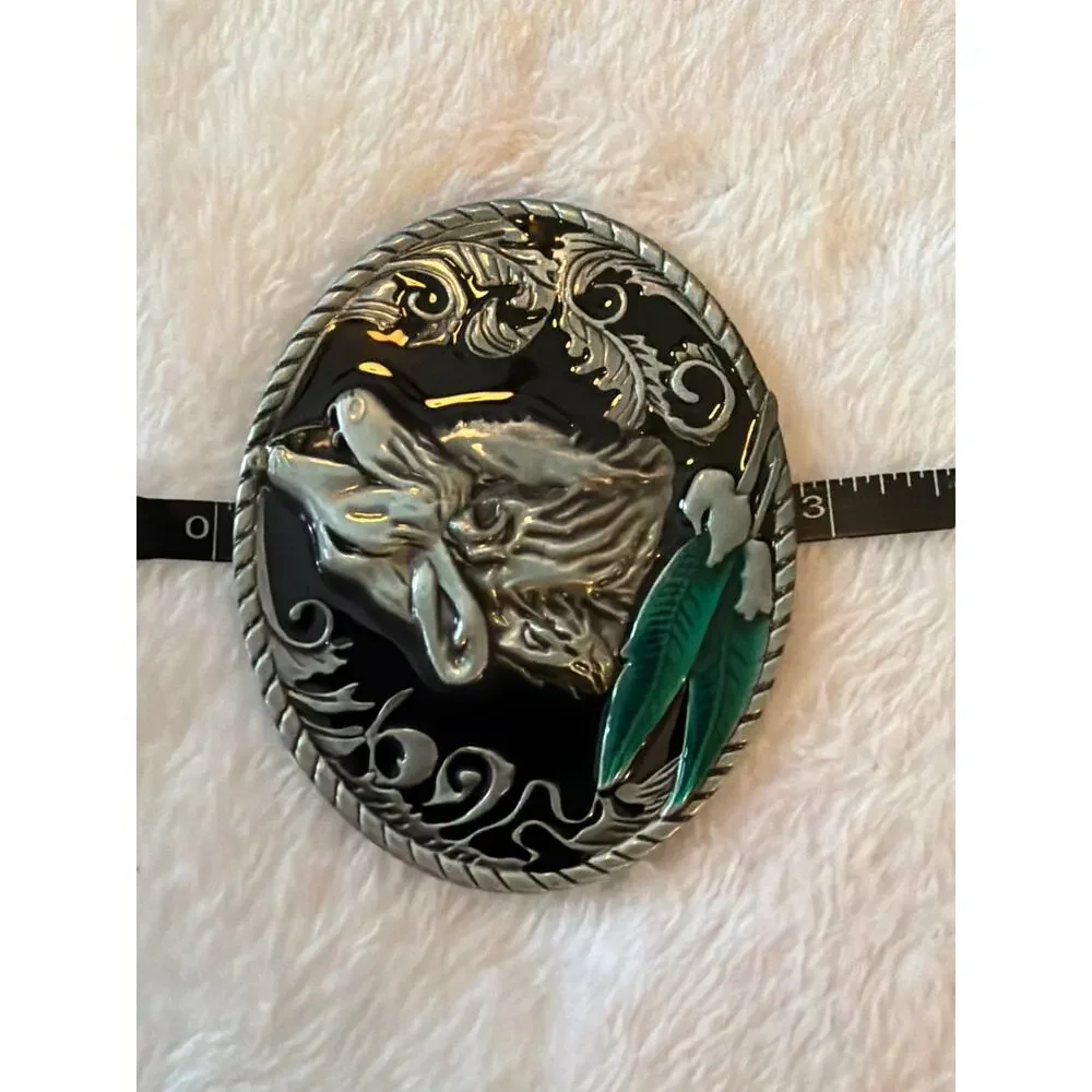 Vintage Western Horse Head Belt Buckle Black Enamel Green Feather Silver Tone